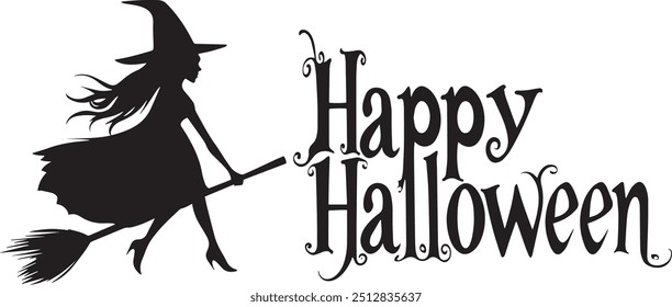 Happy Halloween vector text banner on a transparent background. Featuring black bats, witch and cobwebs suitable for placing over Halloween cards, social media and poster designs.