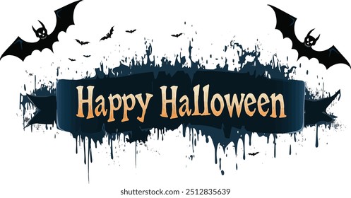 Happy Halloween vector text banner on a transparent background. Featuring black bats, witch and cobwebs suitable for placing over Halloween cards, social media and poster designs.