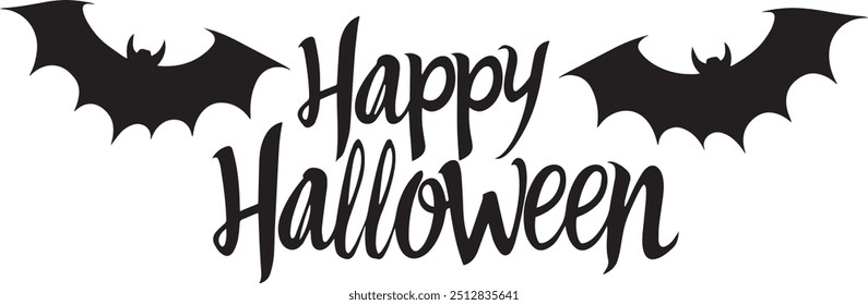 Happy Halloween vector text banner on a transparent background. Featuring black bats, witch and cobwebs suitable for placing over Halloween cards, social media and poster designs.