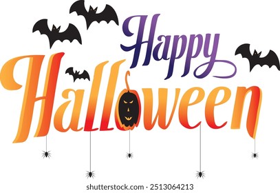 Happy Halloween vector text banner illustration. Happy Halloween design, background graphic. Featuring black and orange bats suitable for placing over Halloween cards, social media and poster designs.