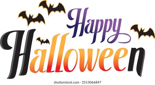 Happy Halloween vector text banner illustration. Happy Halloween design, background graphic. Featuring black and orange bats suitable for placing over Halloween cards, social media and poster designs.