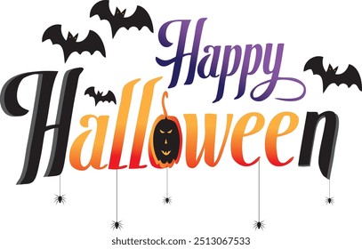 Happy Halloween vector text banner illustration. Happy Halloween design, background graphic. Featuring black and orange bats suitable for placing over Halloween cards, social media and poster designs.