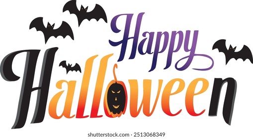 Happy Halloween vector text banner illustration. Happy Halloween design, background graphic. Featuring black and orange bats suitable for placing over Halloween cards, social media and poster designs.