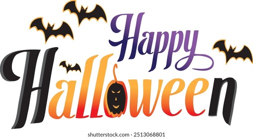 Happy Halloween vector text banner illustration. Happy Halloween design, background graphic. Featuring black and orange bats suitable for placing over Halloween cards, social media and poster designs.