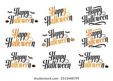 Feliz ilustración de Anuncio de texto de Vector de Halloween. Diseño feliz de Halloween, gráfico de fondo. Con murciélagos negros y naranjas adecuados para colocar sobre tarjetas de Halloween, redes sociales y diseños de carteles.