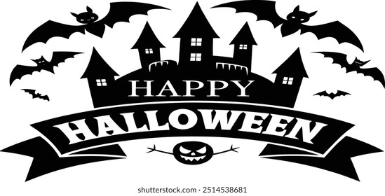 Happy Halloween vector text banner on a transparent background. Featuring black and orange bats suitable for placing over Halloween cards, social media and poster designs.