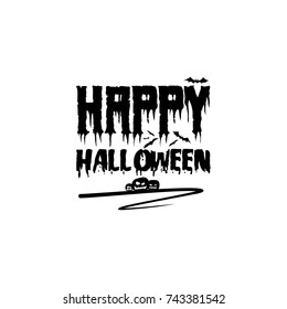 Happy Halloween vector text with bats and pumpkins. Black and white.