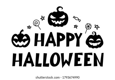 HAPPY HALLOWEEN. Vector text Happy Halloween with pumpkin, candy and stars. Banner, poster, greeting card. Happy Halloween party invitation background. Black and white illustration.