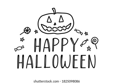 HAPPY HALLOWEEN. Vector text Happy Halloween with pumpkin, candy and stars. Banner, poster, greeting card. Happy Halloween party invitation background. Black and white illustration.