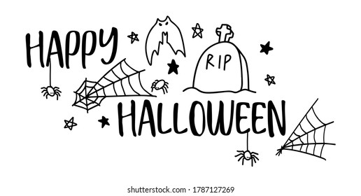 HAPPY HALLOWEEN. Vector text Happy Halloween with spider, bat and web, headstone, grave, RIP. Banner, poster, greeting card. Happy Halloween party invitation background. Black and white illustration.