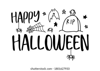 HAPPY HALLOWEEN. Vector text Happy Halloween with spider, bat and web, headstone, grave, RIP. Banner, poster, greeting card. Happy Halloween party invitation background. Black and white illustration.