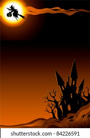 Happy halloween. Vector vertical background with flying Witch  and her house.