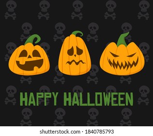 Happy Halloween vector web banner. Spooky pumpkins with different face emotions, decoration for the autumn holiday. Skull pattern on the background. Horror holiday celebration.