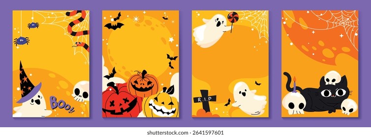 Happy Halloween vertical background vector set. cute collection spooky ghost, pumpkin, bat, candy, moon, skull, spider, cat. Illustration Halloween festival for decoration, prints, website, promotion.