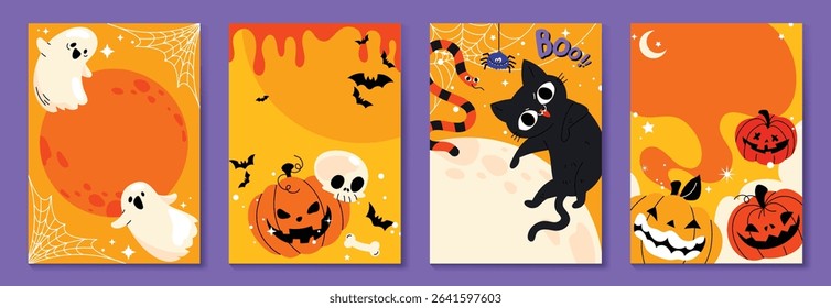 Happy Halloween vertical background vector set. cute collection spooky ghost, pumpkin, bat, candy, moon, skull, spider, cat. Illustration Halloween festival for decoration, prints, website, promotion.