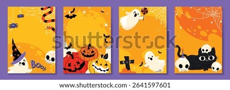 Happy Halloween vertical background vector set. cute collection spooky ghost, pumpkin, bat, candy, moon, skull, spider, cat. Illustration Halloween festival for decoration, prints, website, promotion.