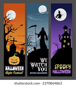 Happy Halloween Vertical Banner Collection Set with Graveyard, Grim Reaper and Witch Design. Spooky Halloween 31 October  