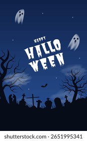 Happy Halloween vertical banner with graveyard, cemetery, bat, ghosts, sky. Autumn holiday design template flat style dark blue black background. Vector illustration