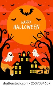 Diseño feliz de la ilustración del Anuncio de la Vertical de Halloween en estilo plano