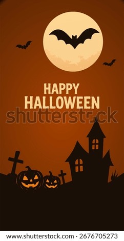 Happy Halloween Vertical Banner with Pumpkins, Haunted House and Bats