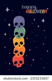 Happy Halloween vertical banner. Vector illustration with stack of rainbow skulls.