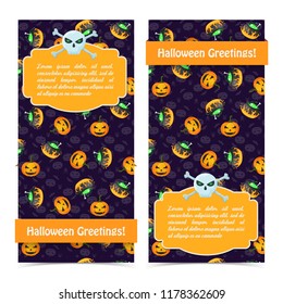 Happy Halloween vertical banners with text skull crossbones witch cauldrons scary pumpkins on purple background vector illustration