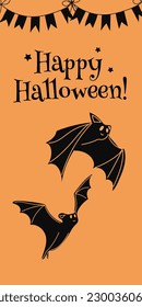 Happy Halloween. Vertical banners and wallpaper for social media stories. Cute bats on an orange background and an inscription. Cute spooky design with fun elements. Vector illustration