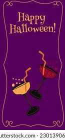 Happy Halloween. Vertical banners and wallpaper for social media stories. Cocktail and an inscription. Cute spooky design with fun elements. Vector illustration