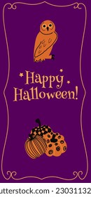 Happy Halloween. Vertical banners and wallpaper for social media stories. Owl and pumpkins. Cute spooky design with fun elements. Vector illustration