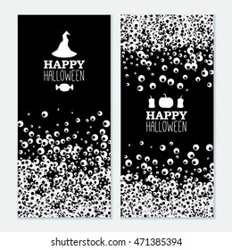 Happy Halloween vertical black banners with apple of the eye. Vector leaflet.