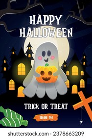 Happy Halloween vertical poster. Halloween haunts with Pumpkins, haunted houses, full moons and candy crosses at night. Vector illustration. Halloween party invitations or greeting cards.