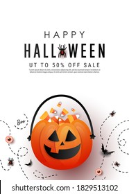 Happy Halloween vertical promotion banner with candy pumpkin bag, color candy, bats, spider on white background.