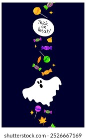 Frontera de Vector de Vertical feliz de Halloween con fantasmas brillantes y dulces y caramelos. Colgando adornos espeluznantes Decoración Ilustración vectorial, truco o invitación de fiesta
