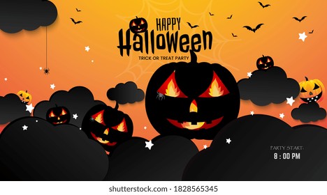 Happy Halloween vertical yellow background with black pumpkins and black clouds,  bats Flying over the text happy Halloween,  concept for invitation template for Halloween party. Vector illustration.