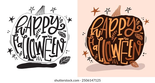 Feliz Halloween. Linda cita de letras de doodle dibujadas a mano. Letras para el diseño de la camiseta, impresión de la taza, impresión del bolso, moda de la ropa. Imagen de Vector 100% dibujado a mano.