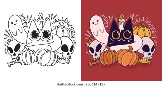 Feliz Halloween. Linda cita de letras de doodle dibujadas a mano. Letras para el diseño de la camiseta, impresión de la taza, impresión del bolso, moda de la ropa. Imagen de Vector 100% dibujado a mano.