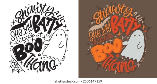 Feliz Halloween. Linda cita de letras de doodle dibujadas a mano. Letras para el diseño de la camiseta, impresión de la taza, impresión del bolso, moda de la ropa. Imagen de Vector 100% dibujado a mano.