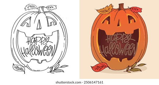 Feliz Halloween. Linda cita de letras de doodle dibujadas a mano. Letras para el diseño de la camiseta, impresión de la taza, impresión del bolso, moda de la ropa. Imagen de Vector 100% dibujado a mano.