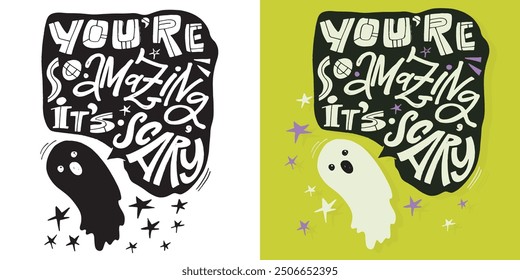 Feliz Halloween. Linda cita de letras de doodle dibujadas a mano. Letras para el diseño de la camiseta, impresión de la taza, impresión del bolso, moda de la ropa. Imagen de Vector 100% dibujado a mano.