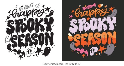 Fröhliche Halloween-Stimmung. Nettes handgezeichnetes Zitat mit Doodle-Schriftzeichen. Beschriftung für T-Shirt-Design, Becher-Print, Taschenprint, Bekleidungsmode. 100% handgezeichnetes Vektorbild.