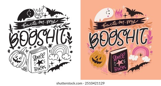 Feliz Halloween. Linda cita de letras de doodle dibujadas a mano. Letras para el diseño de la camiseta, impresión de la taza, impresión del bolso, moda de la ropa. Imagen de Vector 100% dibujado a mano.