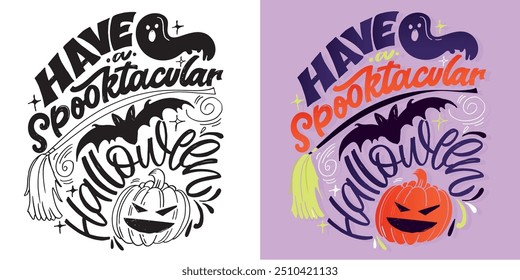 Feliz Halloween. Linda cita de letras de doodle dibujadas a mano. Letras para el diseño de la camiseta, impresión de la taza, impresión del bolso, moda de la ropa. Imagen de Vector 100% dibujado a mano.