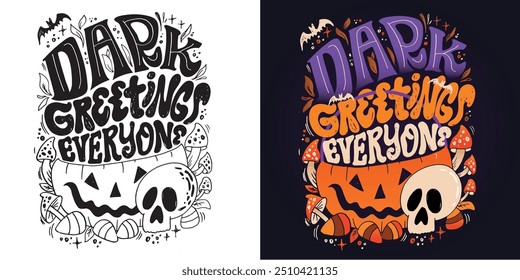 Feliz Halloween. Linda cita de letras de doodle dibujadas a mano. Letras para el diseño de la camiseta, impresión de la taza, impresión del bolso, moda de la ropa. Imagen de Vector 100% dibujado a mano.