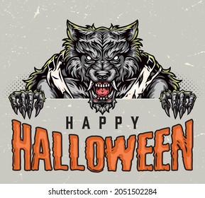 Feliz concepto de Halloween vintage colorido con temible y feroz efecto de werewolf y medio tono en la ilustración vectorial de fondo gris