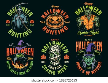 Happy Halloween vintage colorful emblems with witch head hat and cauldron of magic potion grim reaper zombie mummy pumpkin isolated vectopr illustration