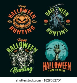 Happy Halloween vintage colorful labels with inscriptions scary pumpkin grim reaper mummy and zombie hand isolated vector illustration