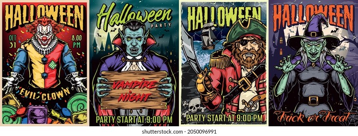 Happy Halloween vintage colorful posters with spooky insane clown candies scary vampire holding wooden board creepy witch angry pirate with sabre ship on stormy sea vector illustration