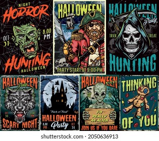 Happy Halloween vintage colorful posters with angry pirate and ship on stormy sea scary grim reaper zombie and werewolf heads voodoo doll haunted house alien with wooden plank vector illustration