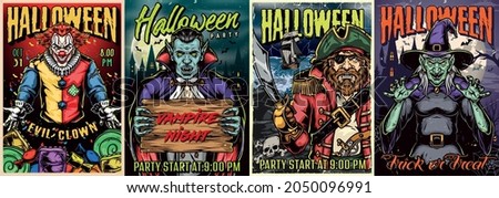 Happy Halloween vintage colorful posters with spooky insane clown candies scary vampire holding wooden board creepy witch angry pirate with sabre ship on stormy sea vector illustration