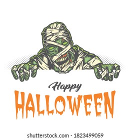 Happy Halloween vintage concept with creepy mummy on halftone background isolated vector illustration